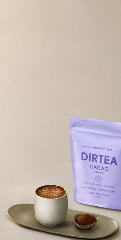 DIRTEA Cacao package with a cup of cacao on a beige background