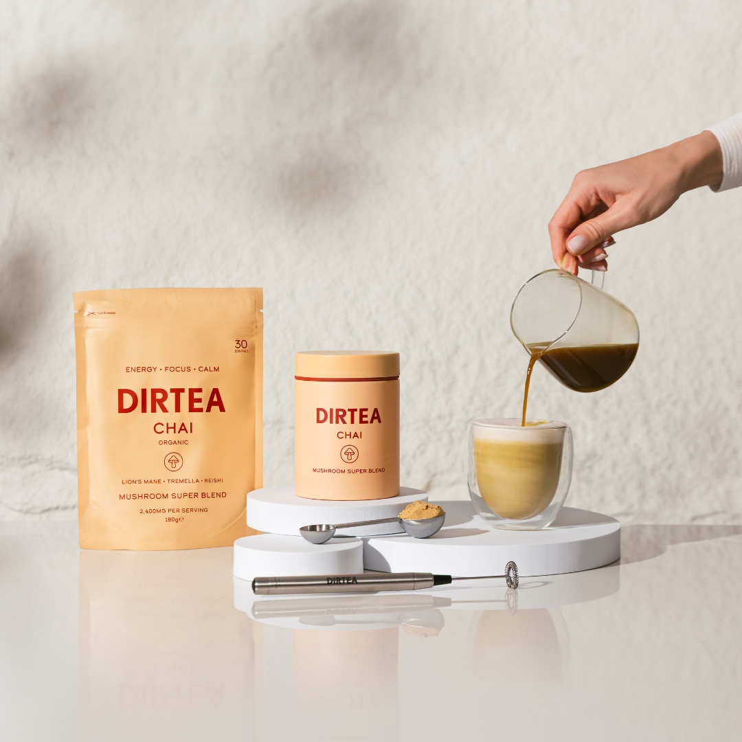 DIRTEA Gluten-Free Chai Mushroom Latte Recipe: Calm, Comfort and Digestive Wellness